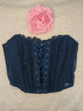 Victoria's Secret Navy Blue Lace Corset Top Lace Up And Hook Closure XS